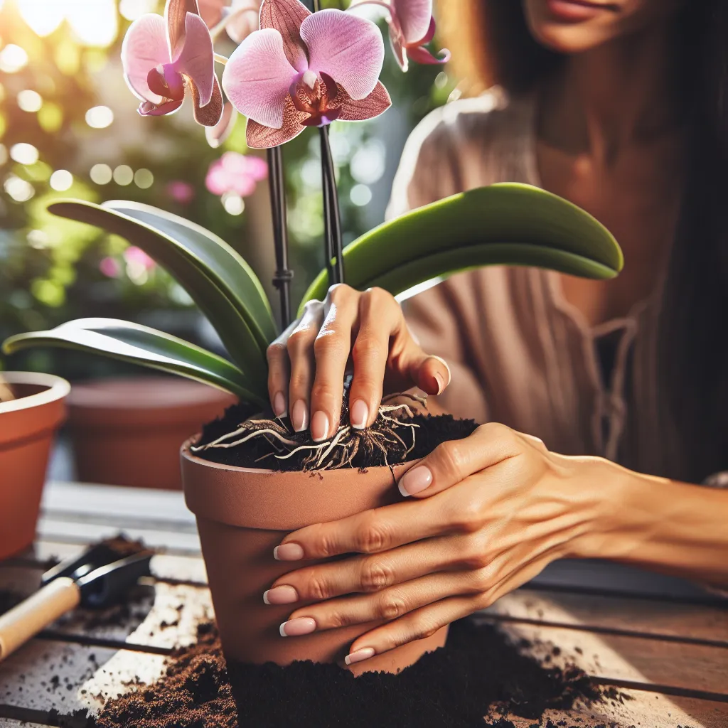'Imagen de manos cuidadosas trasplantando una colorida orquídea en una maceta con tierra, durante un soleado día de verano.'
