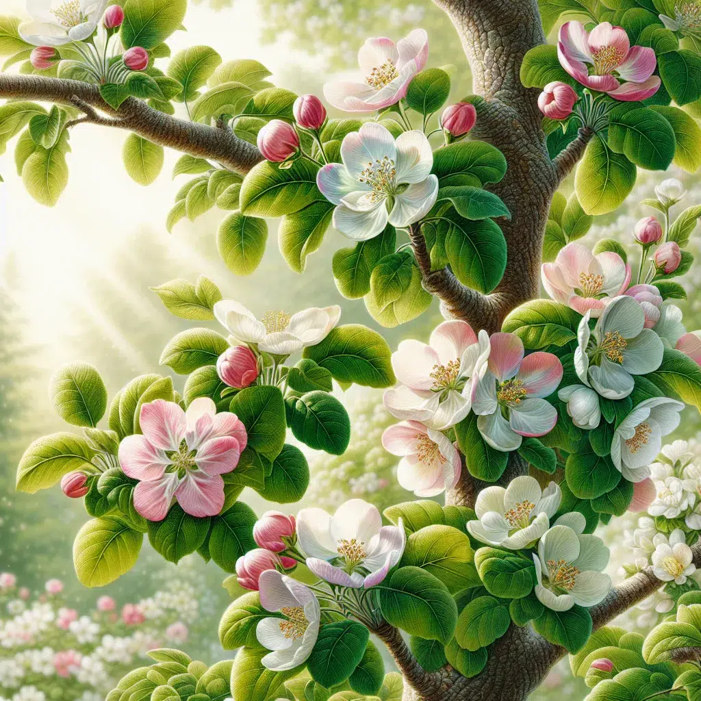 Fotografía de un árbol frutal floreciendo en primavera, con hojas verdes y flores blancas y rosadas.