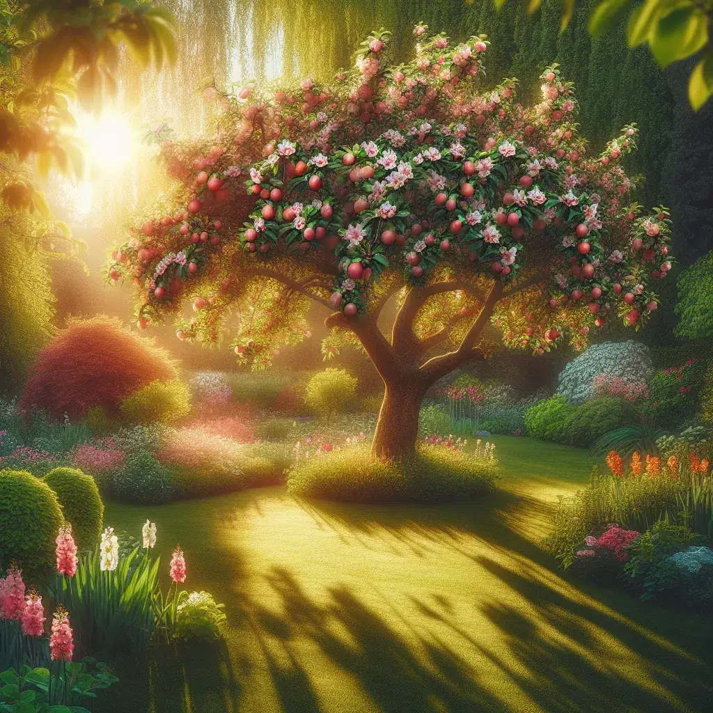 Imagen de un árbol frutal rebosante de flores en primavera, en un jardín cuidado y soleado.