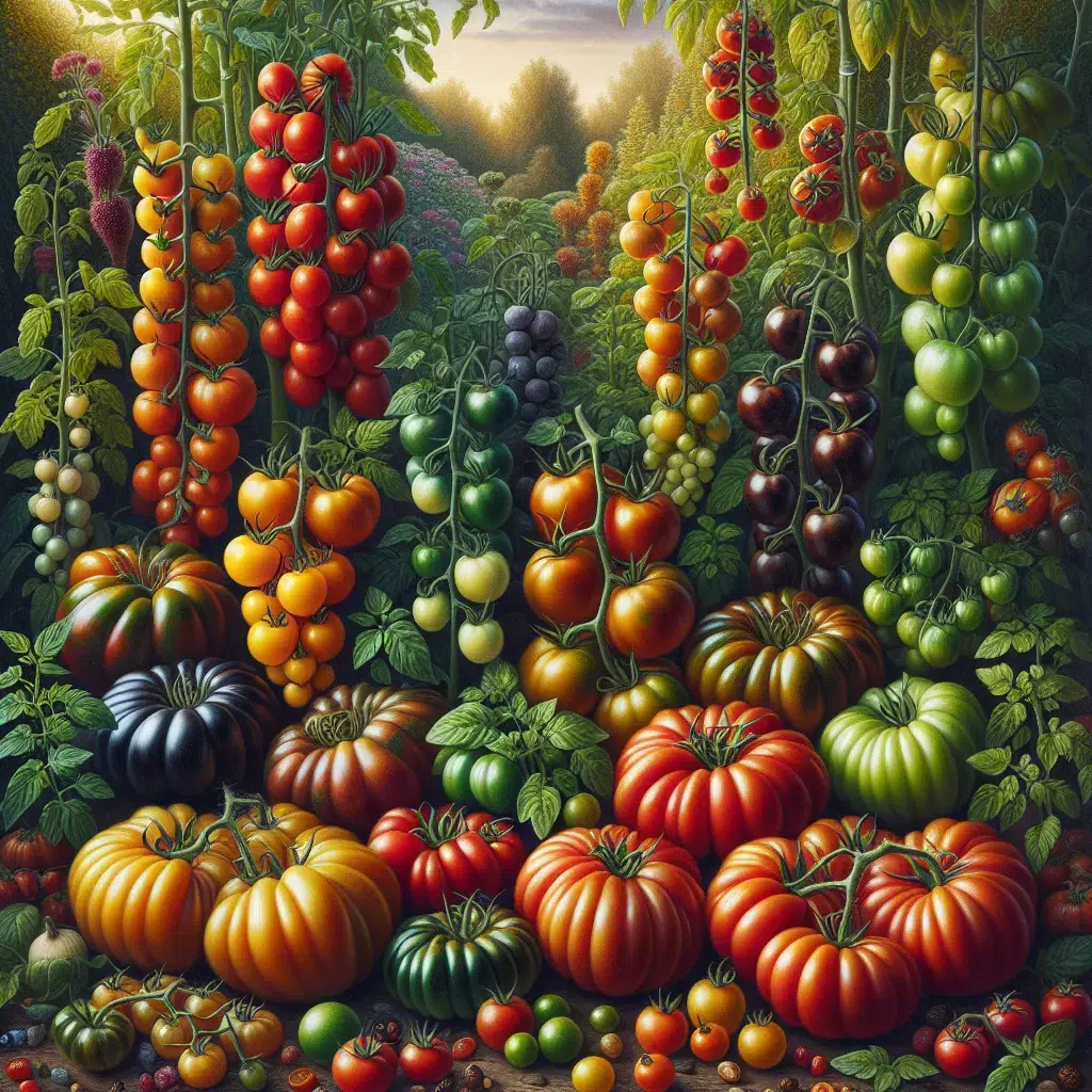 Imagen de tomates antiguos creciendo en un huerto orgánico, mostrando la diversidad y colores vibrantes de esta variedad de tomates.