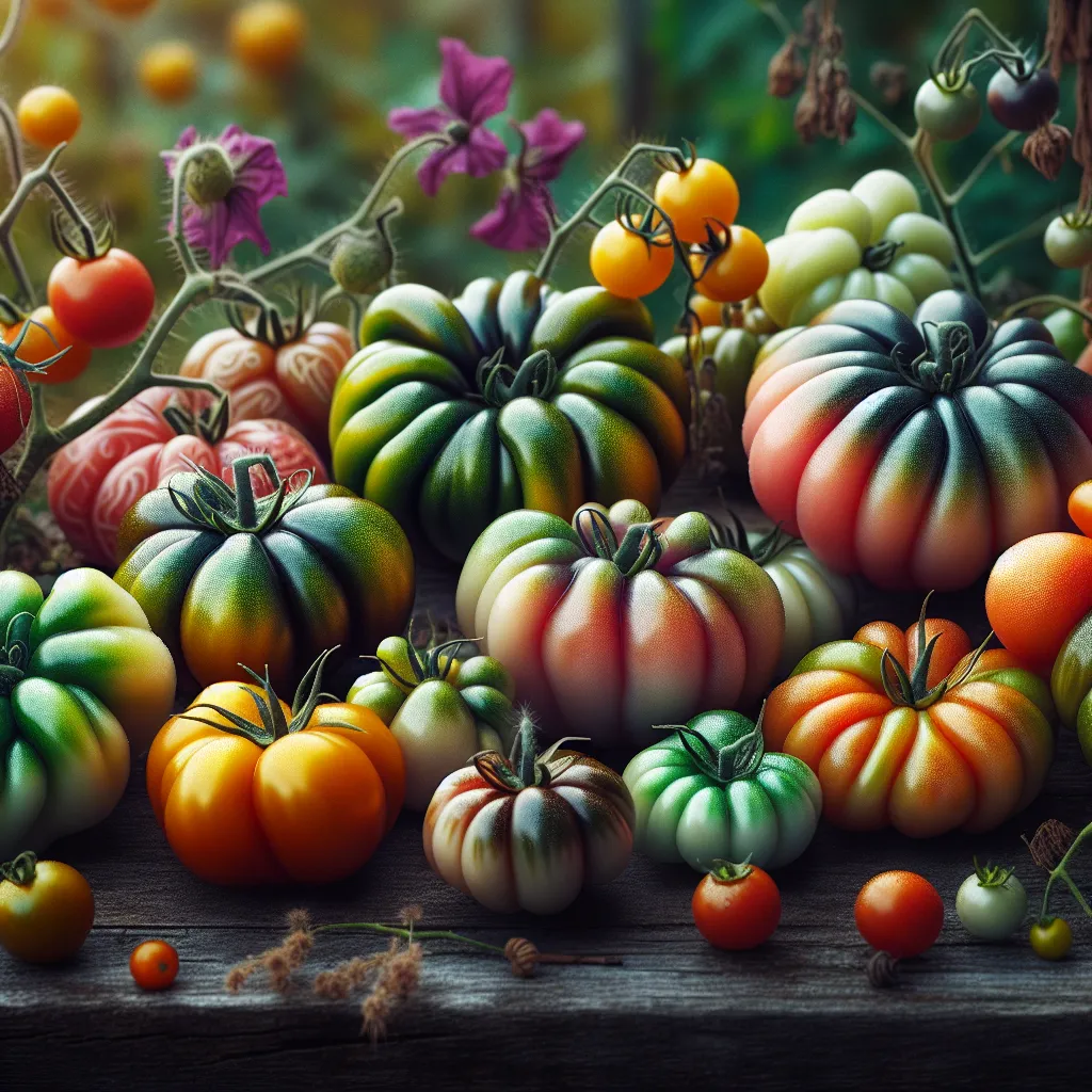 Imagen de diversos tomates antiguos de colores y formas variadas en un huerto orgánico.