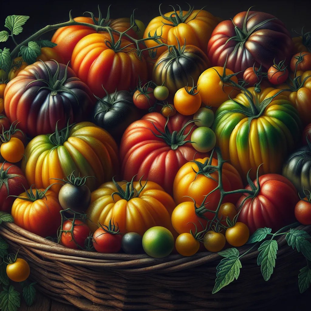 Imagen de tomates antiguos de colores variados cultivados en un huerto orgánico.