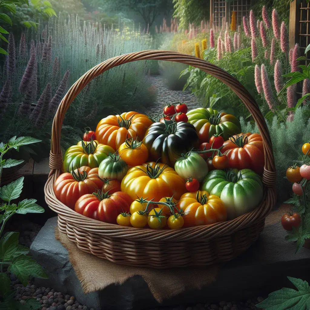 Tomates de variedades ancestrales en una cesta de mimbre en un huerto casero