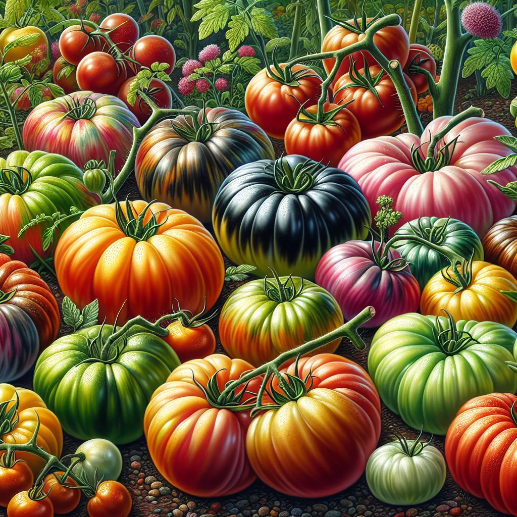 Imagen de tomates antiguos de colores variados en un huerto orgánico, listos para ser cosechados
