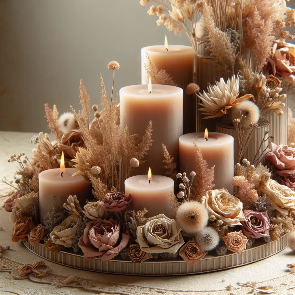 Velas decoradas con flores secas en una presentación creativa
