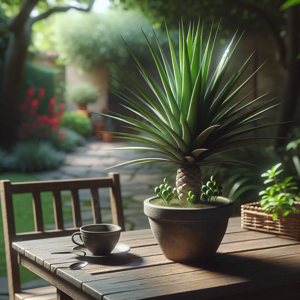 Yucca jewel en maceta sobre una mesa de madera en un jardín, con luz natural y hojas verde brillante.
