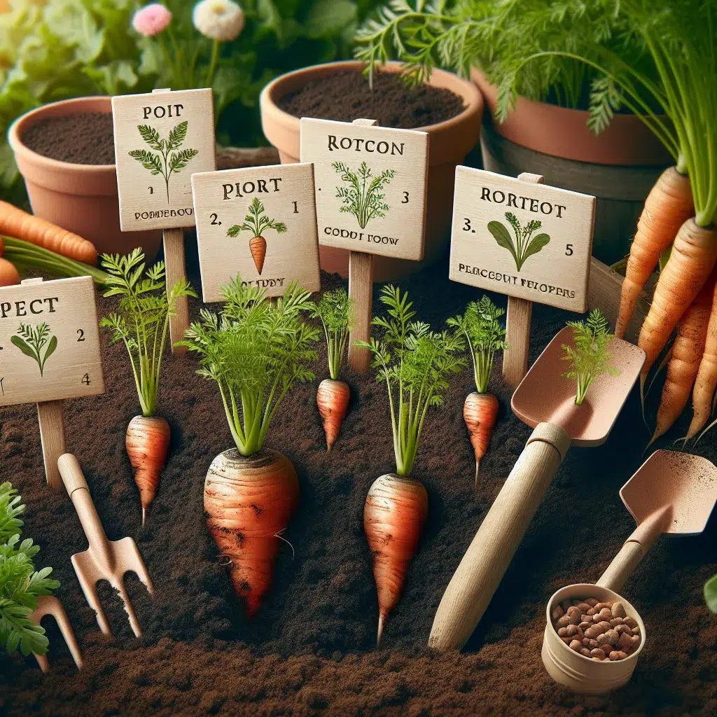 Imagen de un huerto con zanahorias recién sembradas y etiquetas de cada paso clave para sembrarlas con éxito.