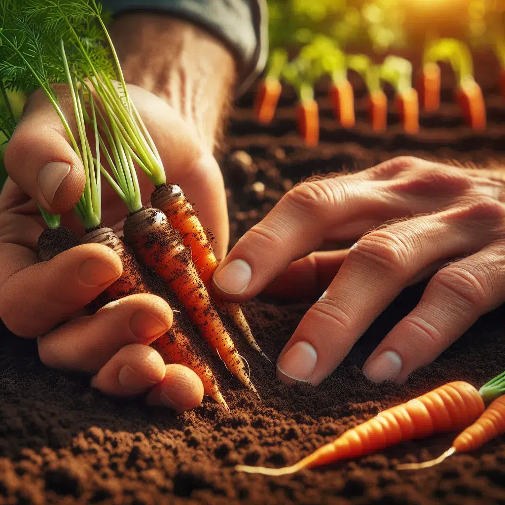 Imagen de manos sembrando semillas de zanahorias en un huerto orgánico