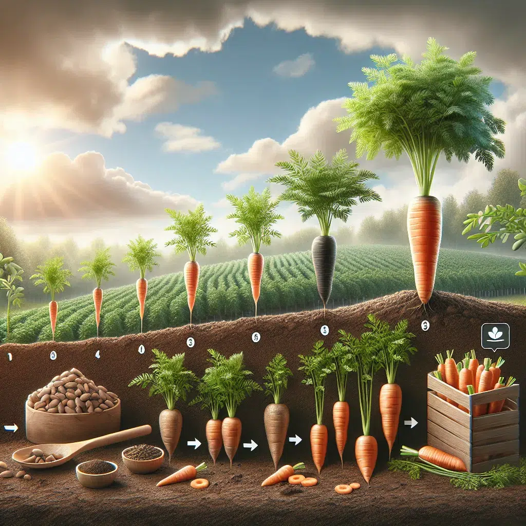 Imagen ilustrativa de la siembra de zanahorias, mostrando los pasos clave para lograr una siembra exitosa.
