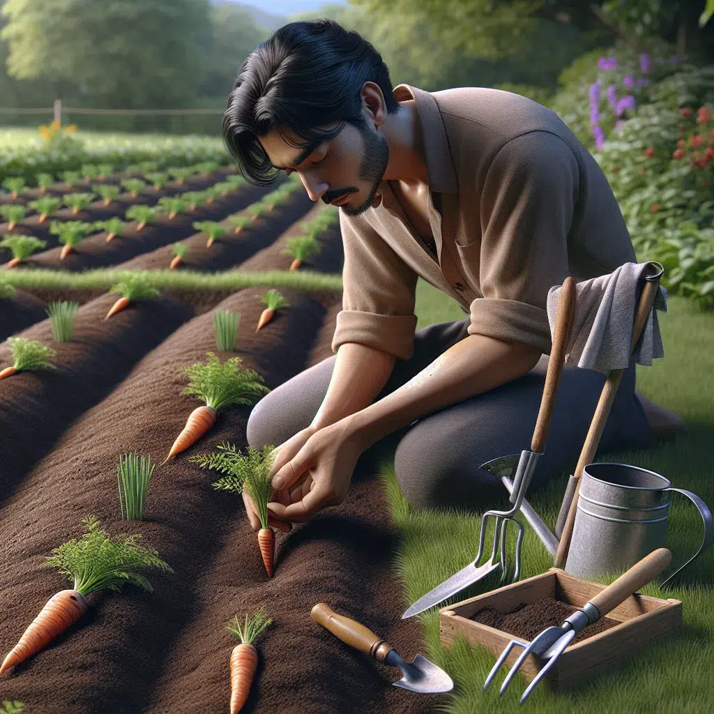 Imagen de una persona sembrando zanahorias en un huerto con herramientas de jardinería alrededor.
